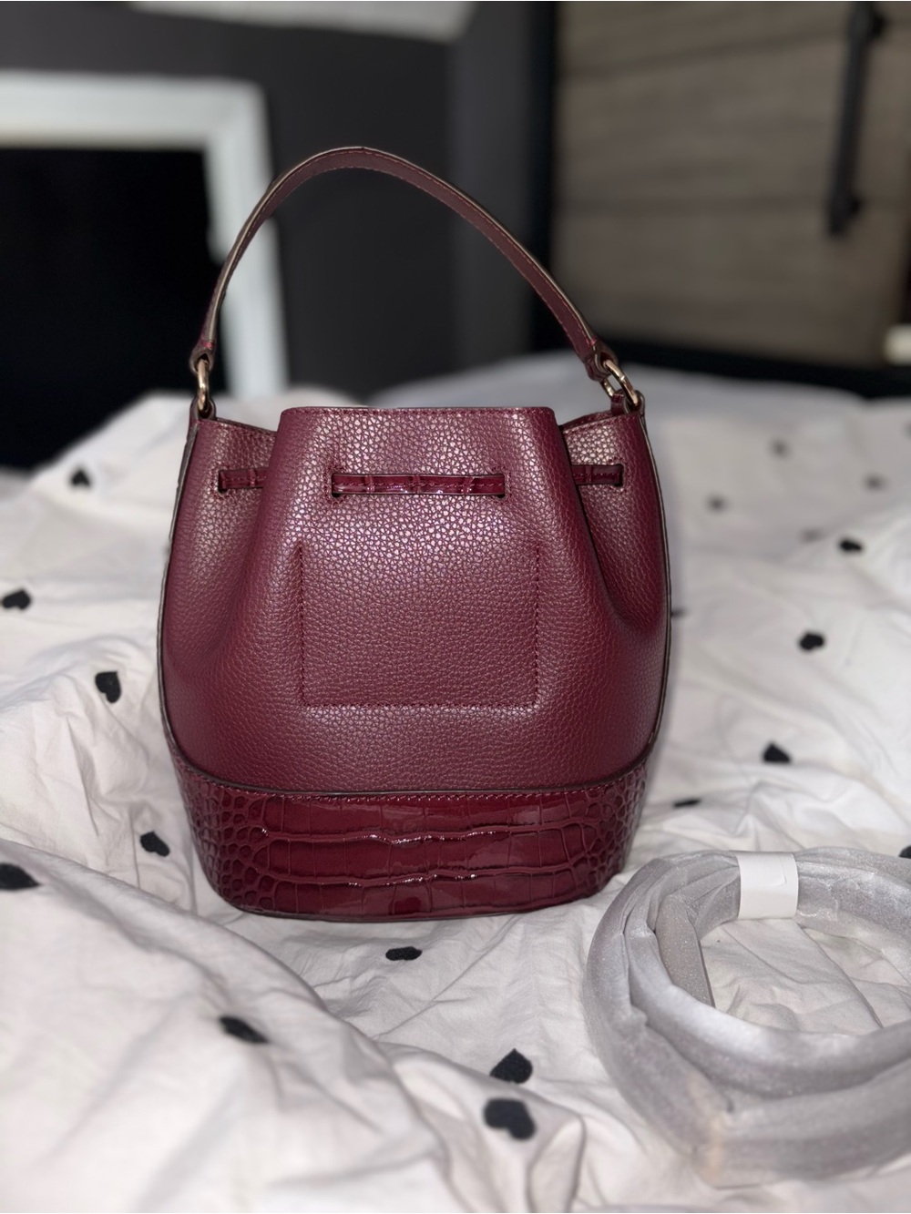 NEW Michael Kors Wine Croc-Accent Pebbled Leather Drawstring Bucket Bag - Picture 7 of 7